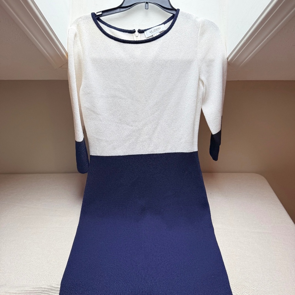St. John Navy White Colorblock Round Neck 3/4 Sleeves Sheath Dress Size 4
